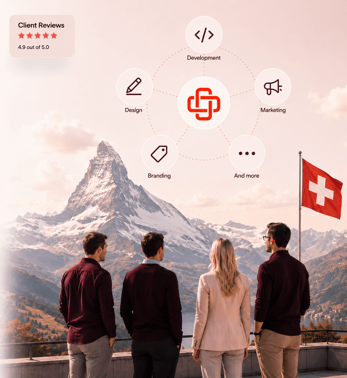 Schweizer Agentur-Profis mit Blick auf die Alpen